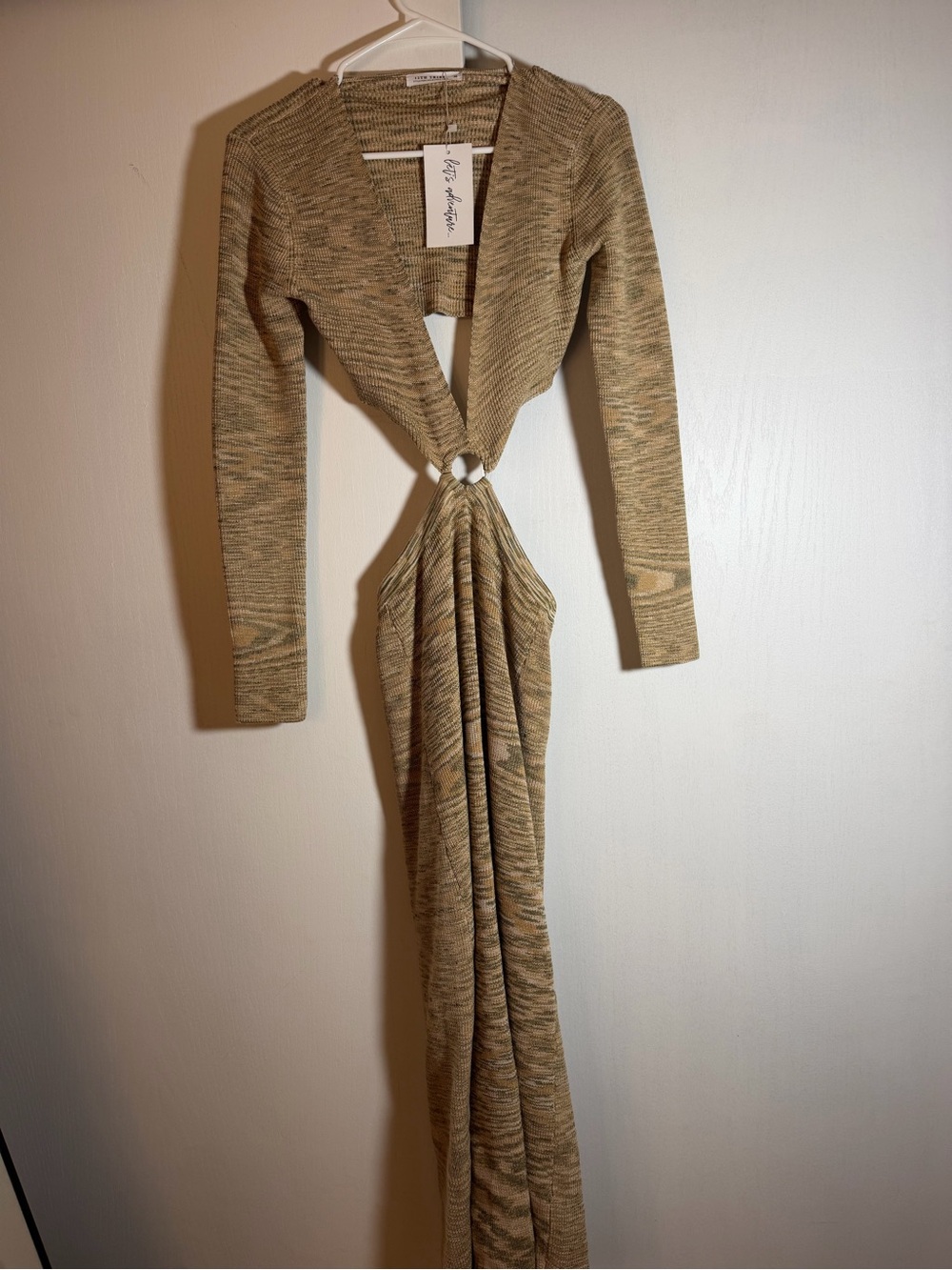 12th Tribe Beige-Taupe Knit Ring-Front Maxi Dress